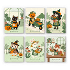 Harvest Garden Friends mini paint by numbers set: six autumn garden scenes with a black cat, pumpkin gardener, witch, owl, bunny and fox florist on sage green backgrounds