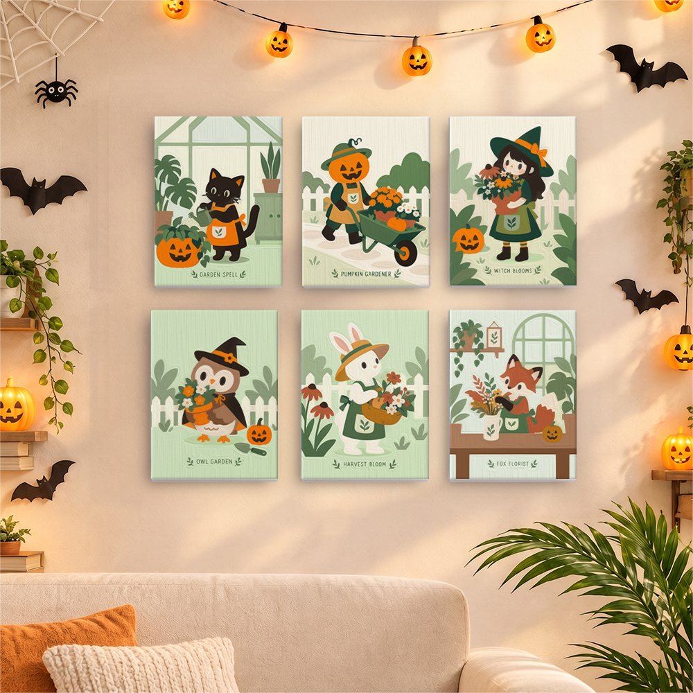 Six finished Harvest Garden Friends mini paintings hung on a wall above a table
