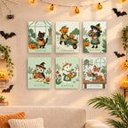 Six finished Harvest Garden Friends mini paintings hung on a wall above a table