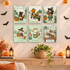Harvest Garden Friends mini paintings displayed as a gallery wall in a sunny kitchen