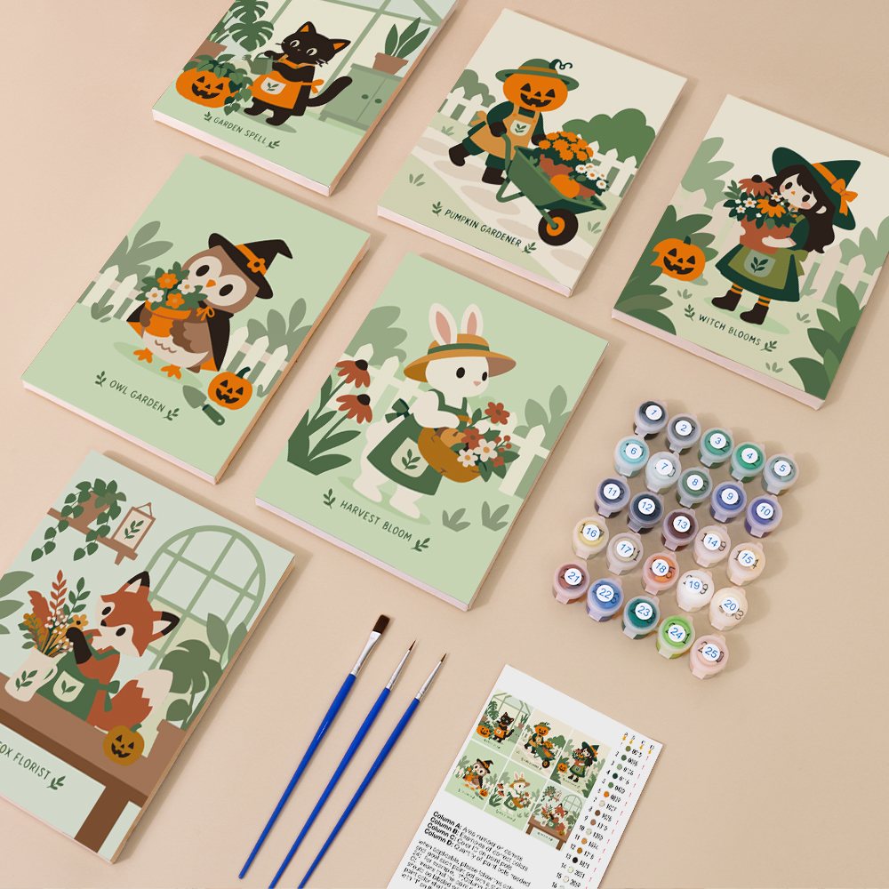 Harvest Garden Friends mini paint by numbers kit with six numbered canvases, acrylic paints, brushes and layout