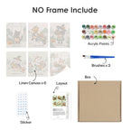 What's included without a frame: six rolled Harvest Garden Friends mini canvases, acrylic paints, three brushes and layout