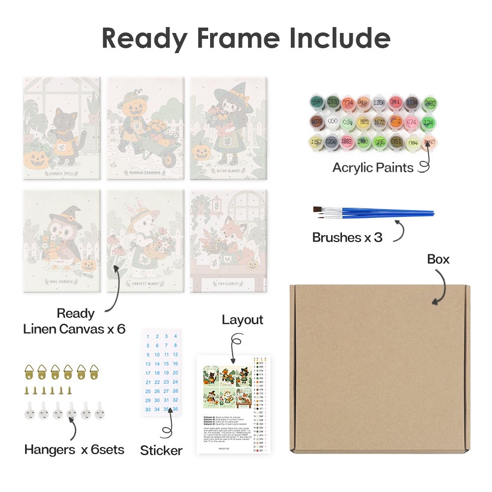 What's included pre-stretched on frame: six framed Harvest Garden Friends mini canvases, paints, three brushes, hangers and layout