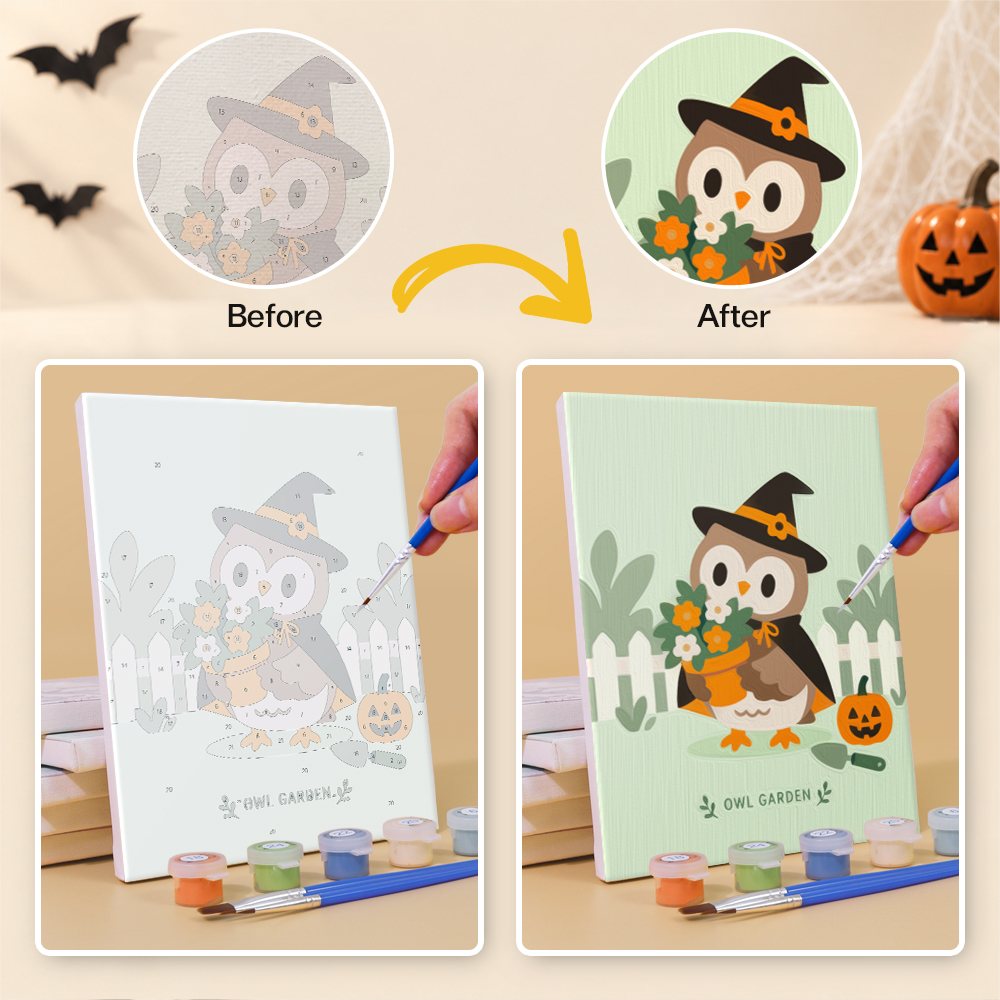 Before and after of a Harvest Garden Friends mini paint by numbers canvas