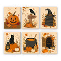 Harvest Hauntings mini paint by numbers set: six autumn Halloween scenes with a pumpkin, a crow, a witch hat, a black cat, a cauldron and a cottage door