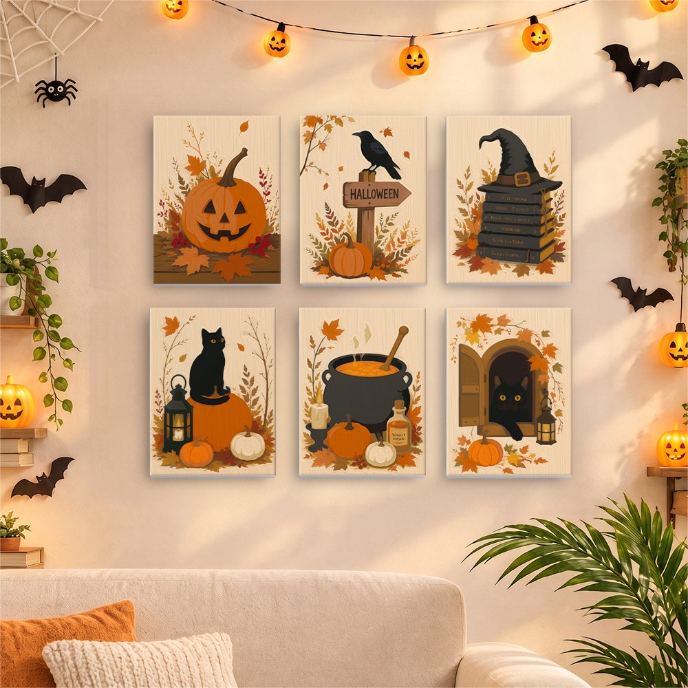 Six finished Harvest Hauntings mini paintings hung on a wall above a table