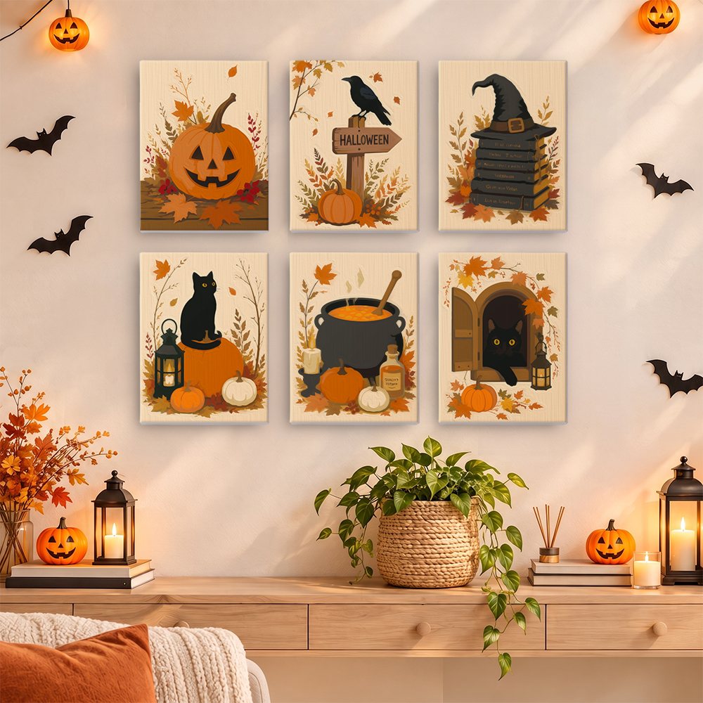 Harvest Hauntings mini paintings displayed as a gallery wall in a sunny kitchen
