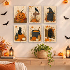 Harvest Hauntings mini paintings displayed as a gallery wall in a sunny kitchen