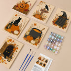 Harvest Hauntings mini paint by numbers kit with six numbered canvases, acrylic paints, brushes and layout