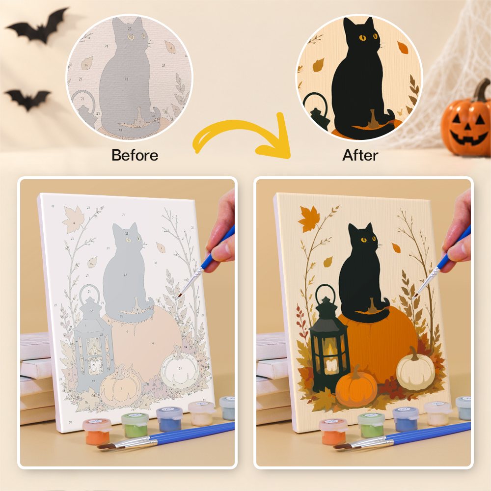 Before and after of a Harvest Hauntings mini paint by numbers canvas