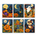 Harvest Moon Friends mini paint by numbers set: six vintage autumn Halloween scenes under smiling moons with a little witch, crow, ghost, pumpkin, scarecrow and owl