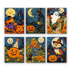 Harvest Moon Friends mini paint by numbers set: six vintage autumn Halloween scenes under smiling moons with a little witch, crow, ghost, pumpkin, scarecrow and owl