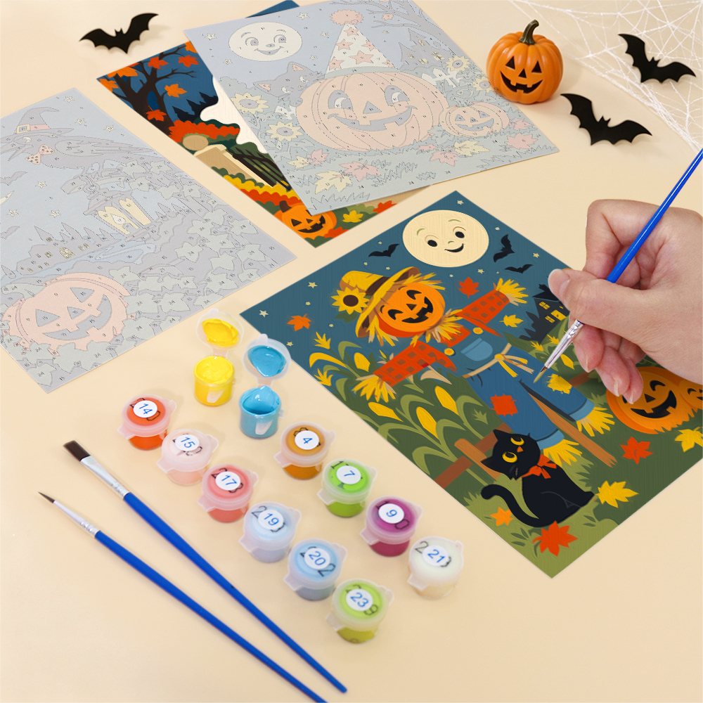 Filling in a Harvest Moon Friends mini canvas with numbered acrylic paints and a fine brush