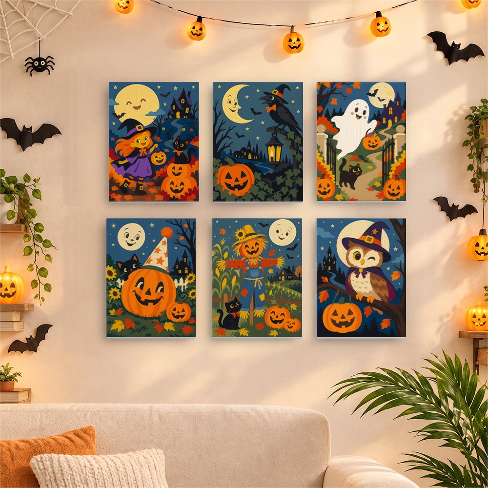 Six finished Harvest Moon Friends mini paintings hung on a wall above a table