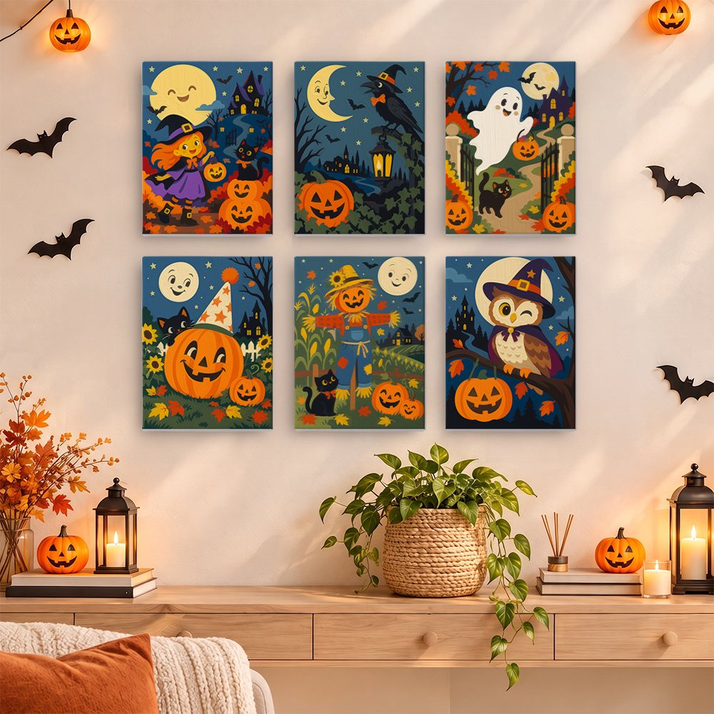 Harvest Moon Friends mini paintings displayed as a gallery wall in a sunny kitchen