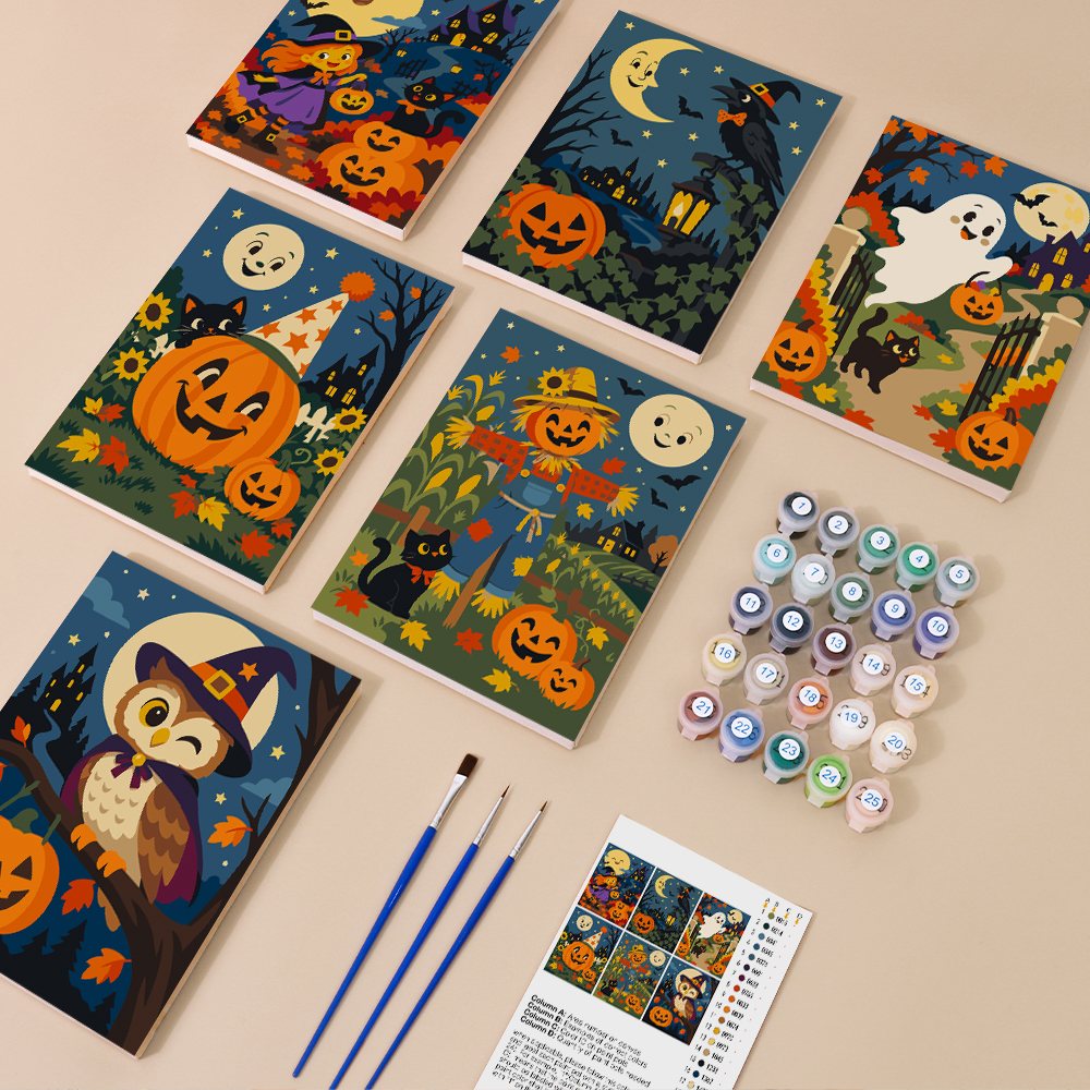 Harvest Moon Friends mini paint by numbers kit with six numbered canvases, acrylic paints, brushes and layout