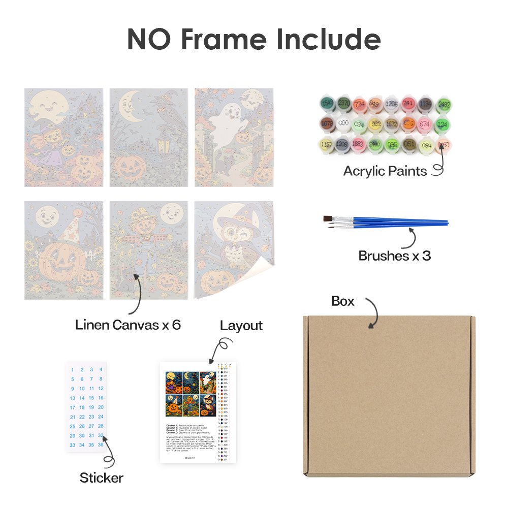 What's included without a frame: six rolled Harvest Moon Friends mini canvases, acrylic paints, three brushes and layout