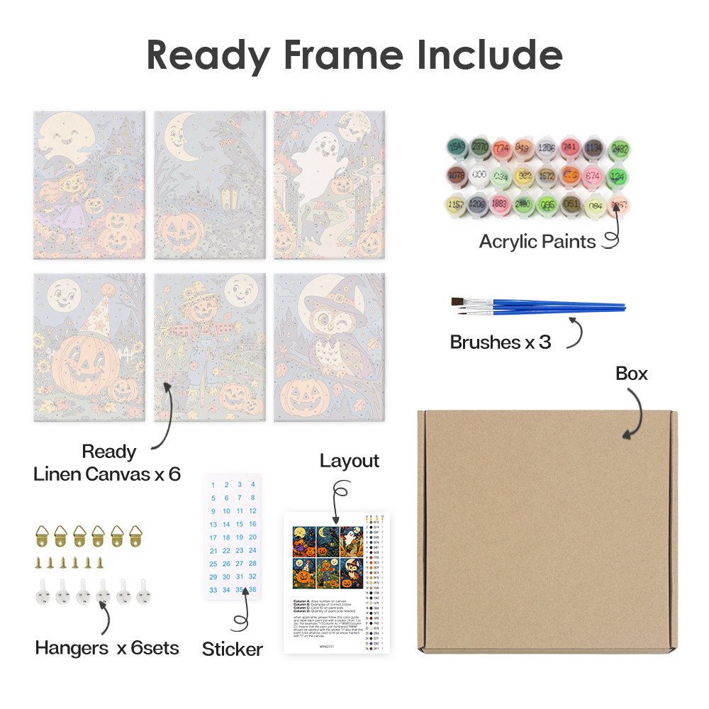 What's included pre-stretched on frame: six framed Harvest Moon Friends mini canvases, paints, three brushes, hangers and layout