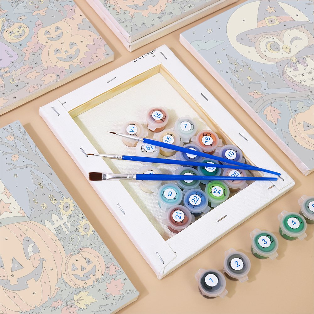 Numbered paint pots and brushes on a pre-stretched Harvest Moon Friends mini canvas
