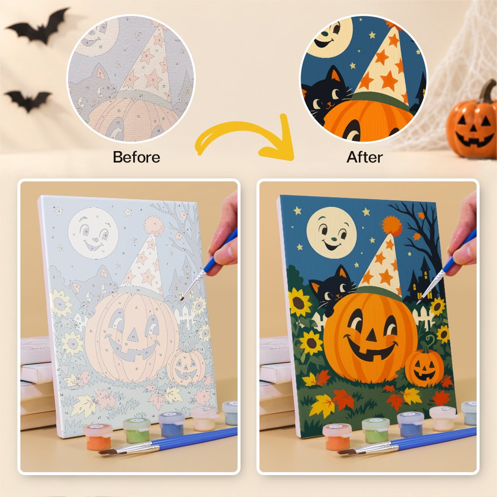 Before and after of a Harvest Moon Friends mini paint by numbers canvas