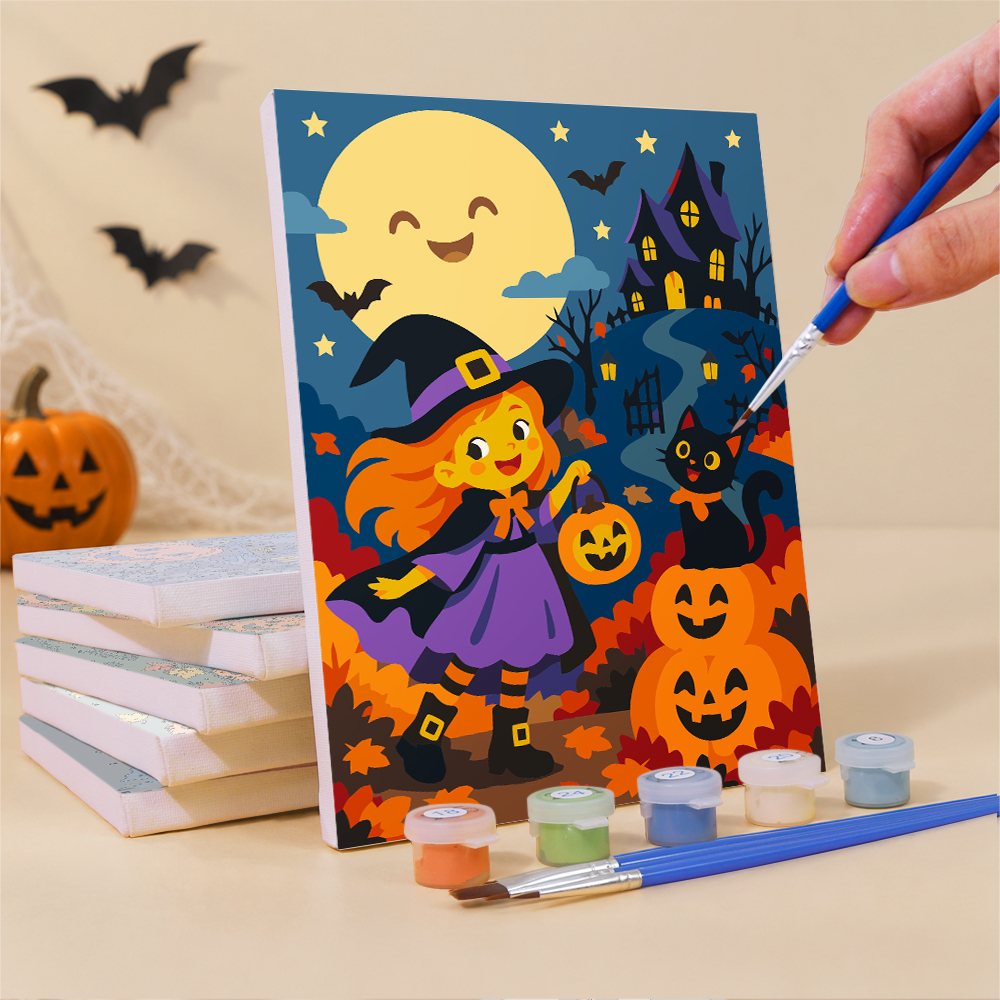 Painting a Harvest Moon Friends mini canvas propped up beside numbered acrylic paints