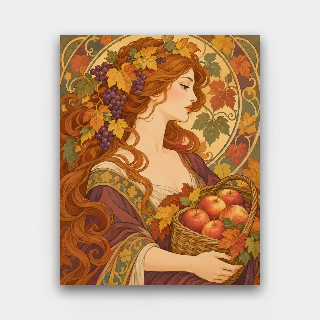 Harvest Muse paint by numbers kit of a red-haired woman with grapes and autumn leaves holding a basket of apples