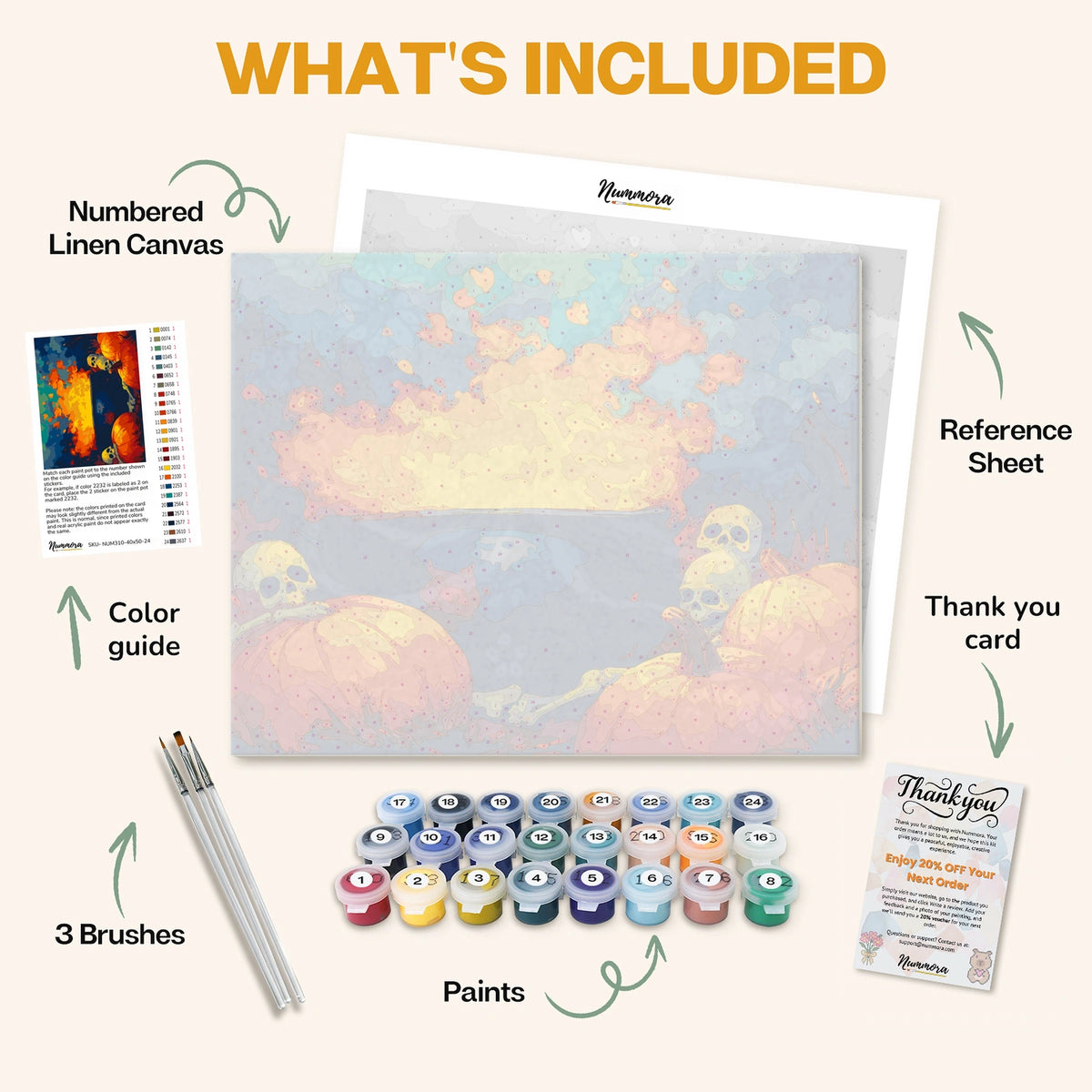 What's included in the Harvest of Haunting Fire paint by numbers kit: numbered linen canvas, reference sheet, color guide, 24 acrylic paints, 3 brushes and thank you card
