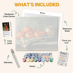 What's included in the Harvest on the Table paint by numbers kit: numbered linen canvas, reference sheet, color guide, 24 acrylic paints, 3 brushes and thank you card