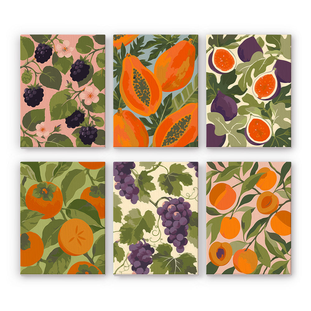 Harvest Patterns mini paint by numbers set: six all-over patterns of blackberries, papayas, figs, persimmons, grapes and apricots