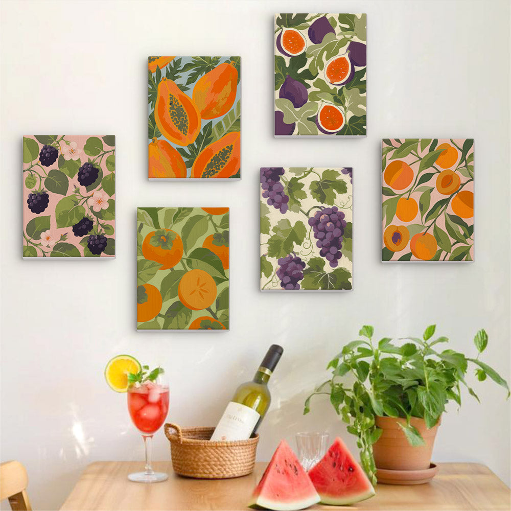 Six finished Harvest Patterns mini paintings hung on a wall above a table