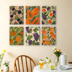 Harvest Patterns mini paintings displayed as a gallery wall in a sunny kitchen