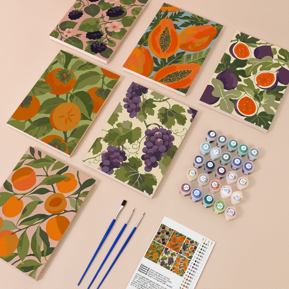 Harvest Patterns mini paint by numbers kit with six numbered canvases, acrylic paints, brushes and layout