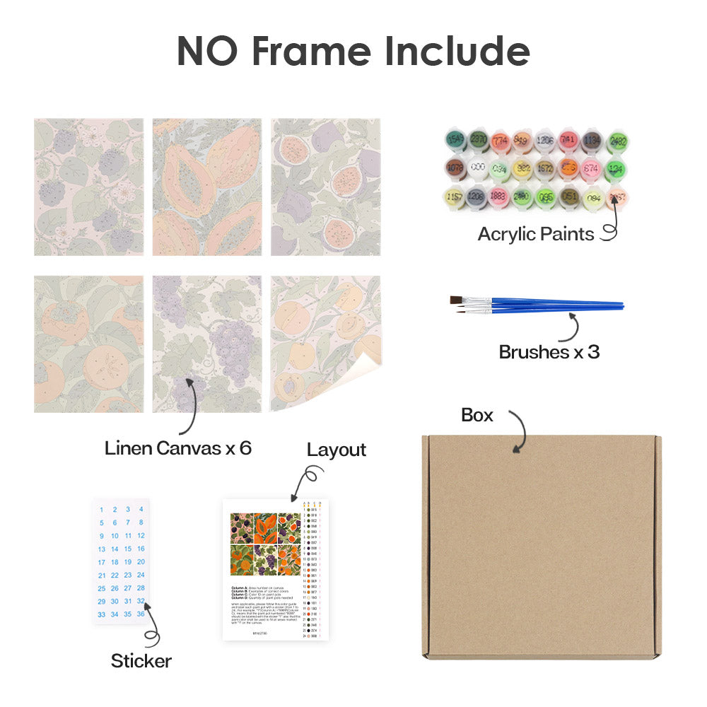 What's included without a frame: six rolled Harvest Patterns mini canvases, acrylic paints, three brushes and layout
