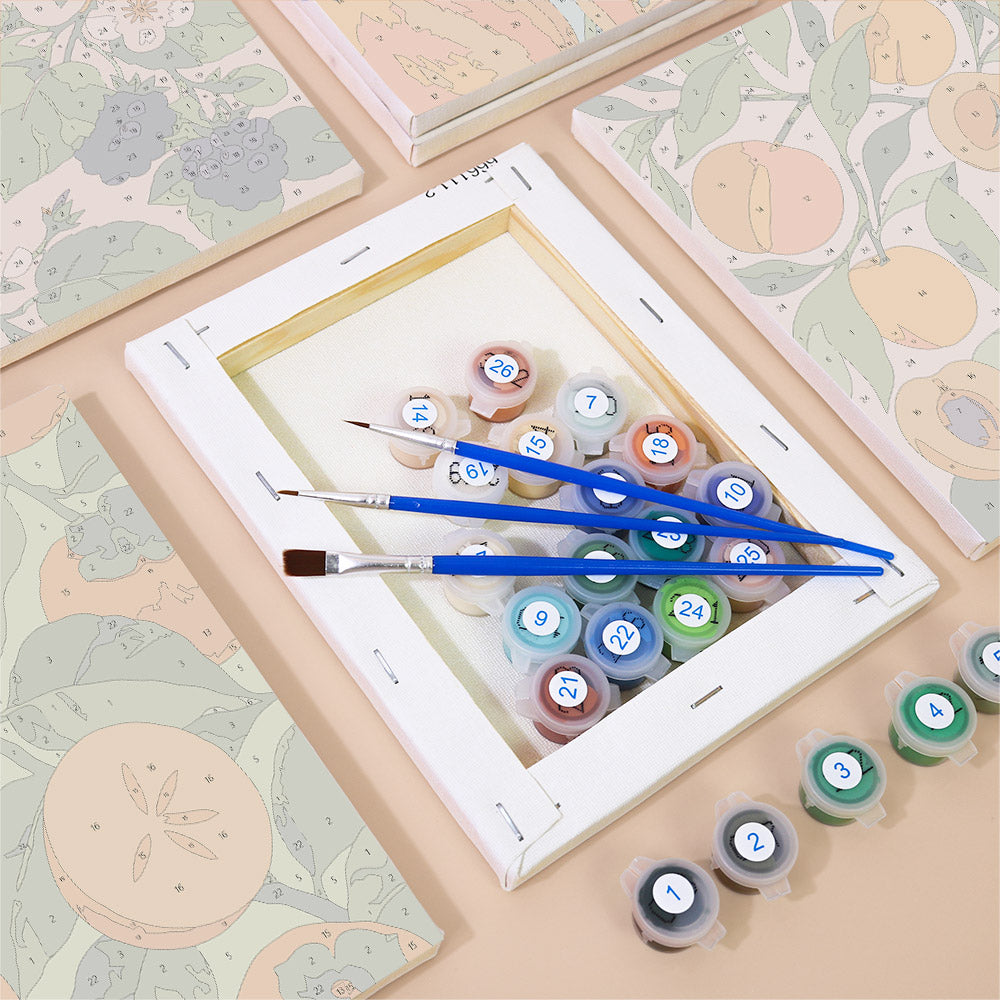 Numbered paint pots and brushes on a pre-stretched Harvest Patterns mini canvas
