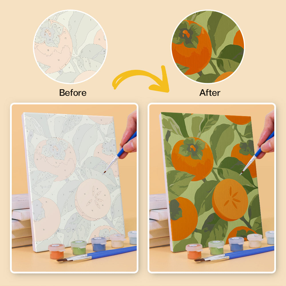 Before and after of a Harvest Patterns mini paint by numbers canvas