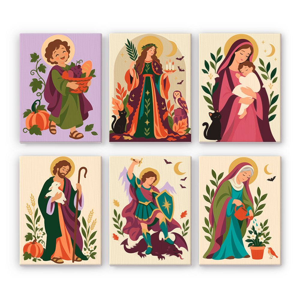Harvest Saints Folk Art mini paint by numbers set: six folk-art saint portraits with golden halos, pumpkins, autumn leaves, a lamb and a black cat