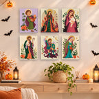 Harvest Saints Folk Art mini paintings displayed as a gallery wall in a sunny kitchen