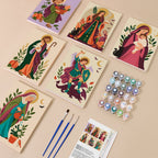 Harvest Saints Folk Art mini paint by numbers kit with six numbered canvases, acrylic paints, brushes and layout
