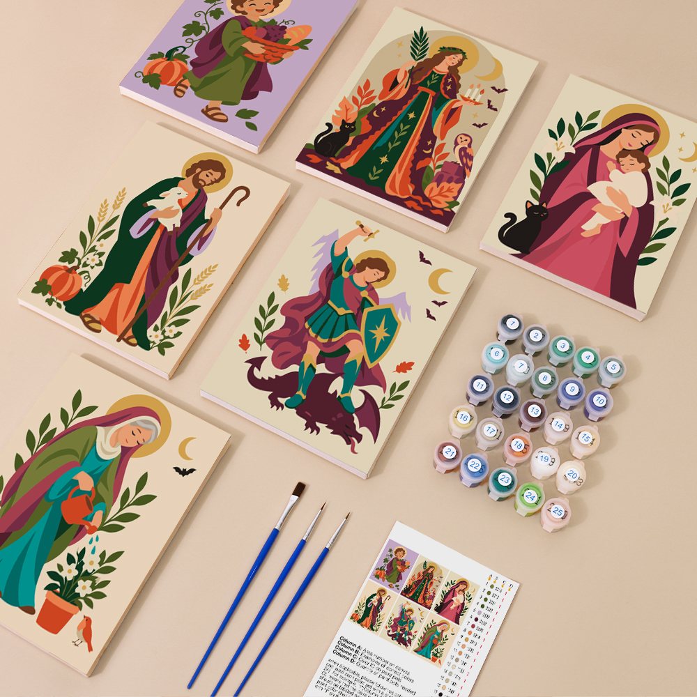 Harvest Saints Folk Art mini paint by numbers kit with six numbered canvases, acrylic paints, brushes and layout