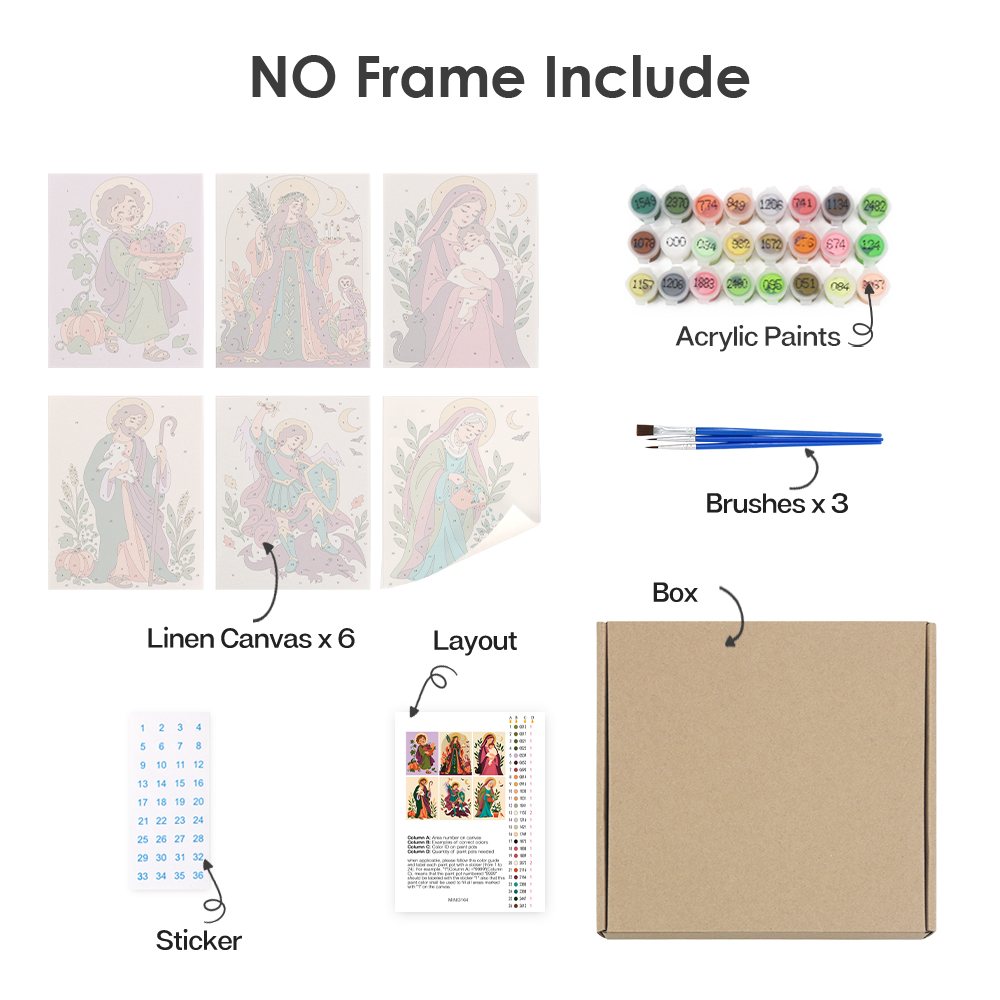 What's included without a frame: six rolled Harvest Saints Folk Art mini canvases, acrylic paints, three brushes and layout
