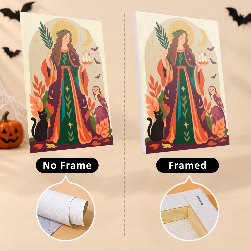 Harvest Saints Folk Art mini canvas shown rolled without a frame and pre-stretched on a frame