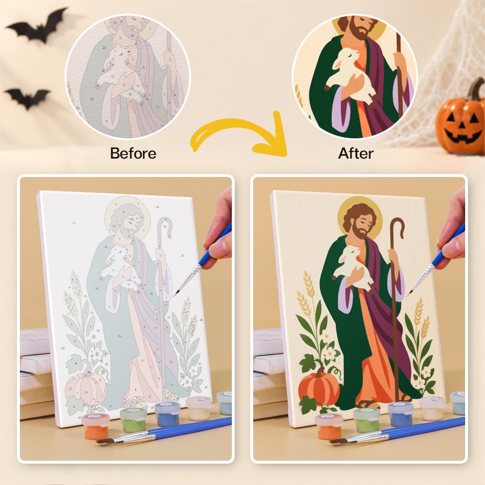Before and after of a Harvest Saints Folk Art mini paint by numbers canvas