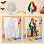 Before and after of a Harvest Saints Folk Art mini paint by numbers canvas