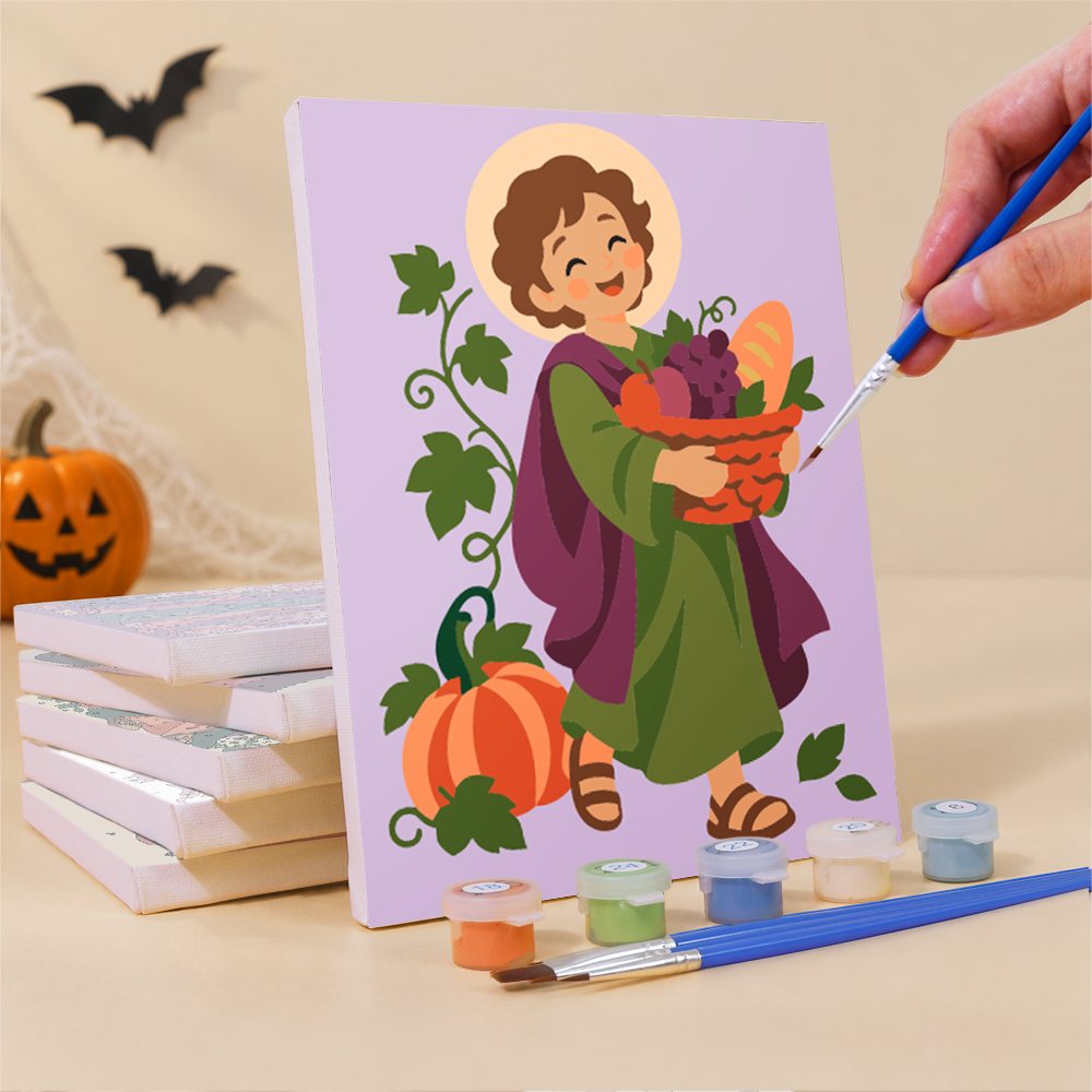 Painting a Harvest Saints Folk Art mini canvas propped up beside numbered acrylic paints
