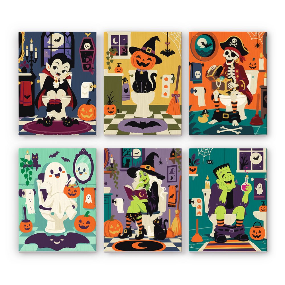 Haunted Bathroom Break mini paint by numbers set: six funny Halloween bathroom scenes with a vampire, black cat, pirate skeleton, ghost, witch and green monster