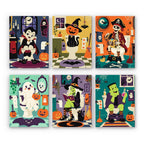 Haunted Bathroom Break mini paint by numbers set: six funny Halloween bathroom scenes with a vampire, black cat, pirate skeleton, ghost, witch and green monster