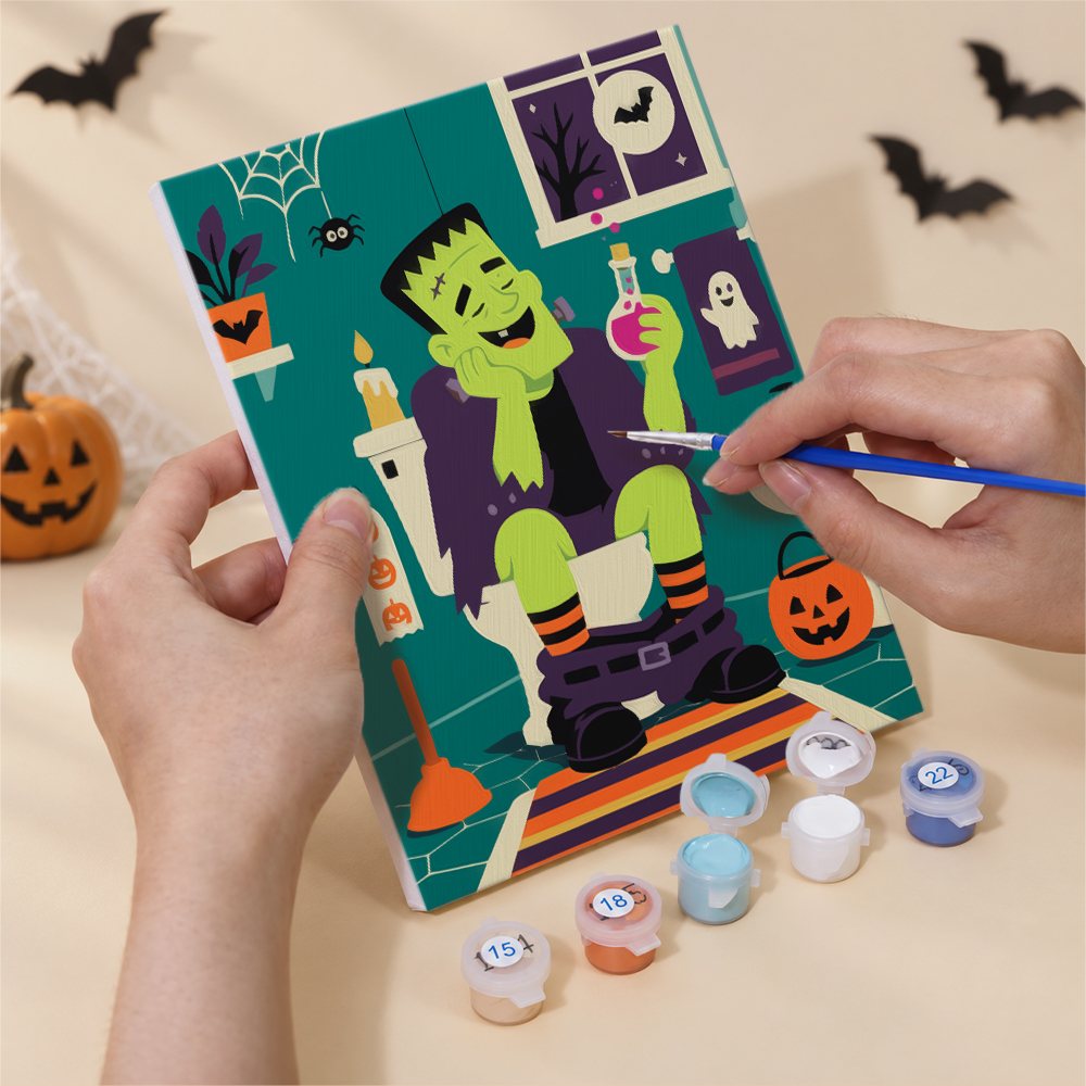Numbered paint pots and brushes on a pre-stretched Haunted Bathroom Break mini canvas