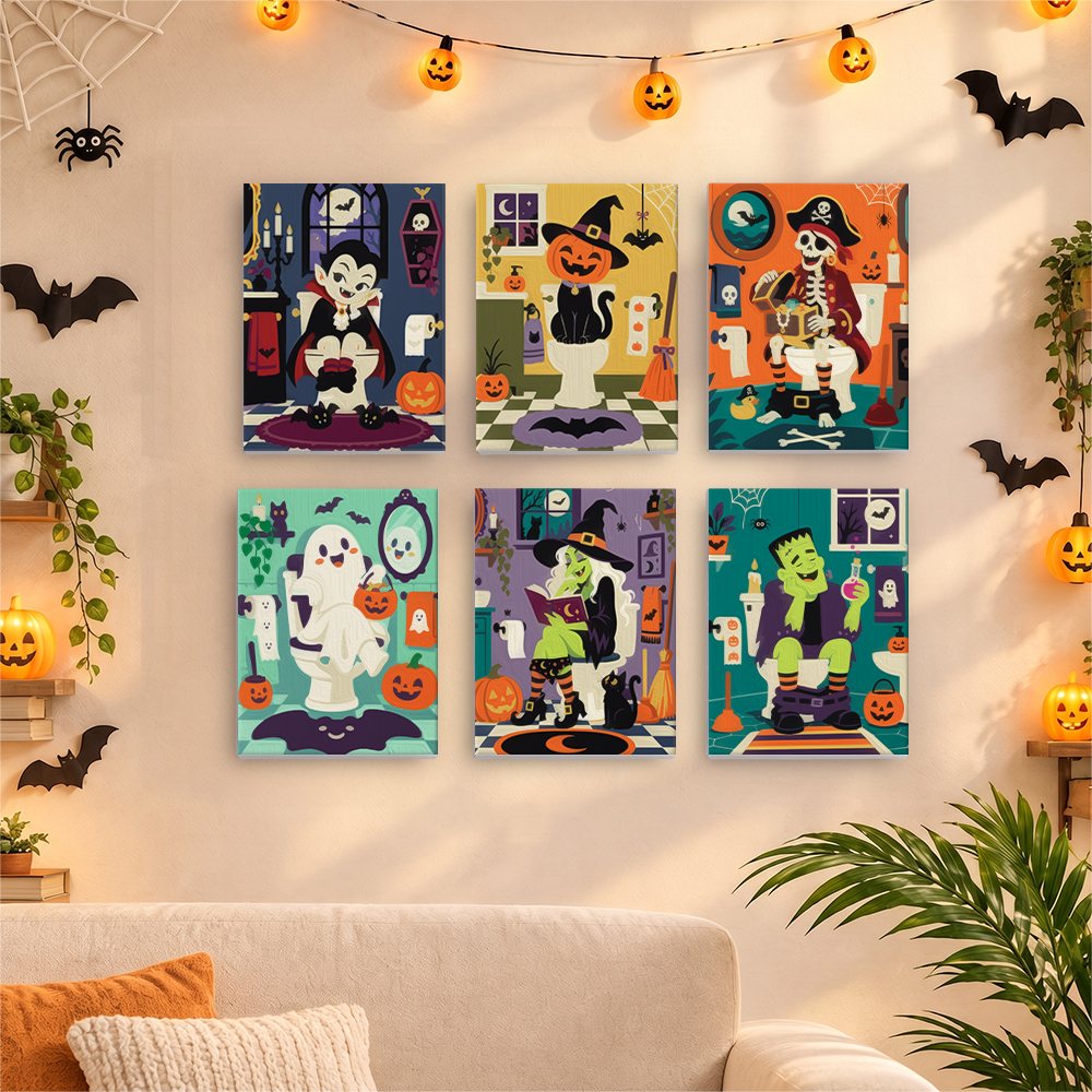 Before and after of a Haunted Bathroom Break mini paint by numbers canvas