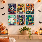 Painting a Haunted Bathroom Break mini canvas propped up beside numbered acrylic paints