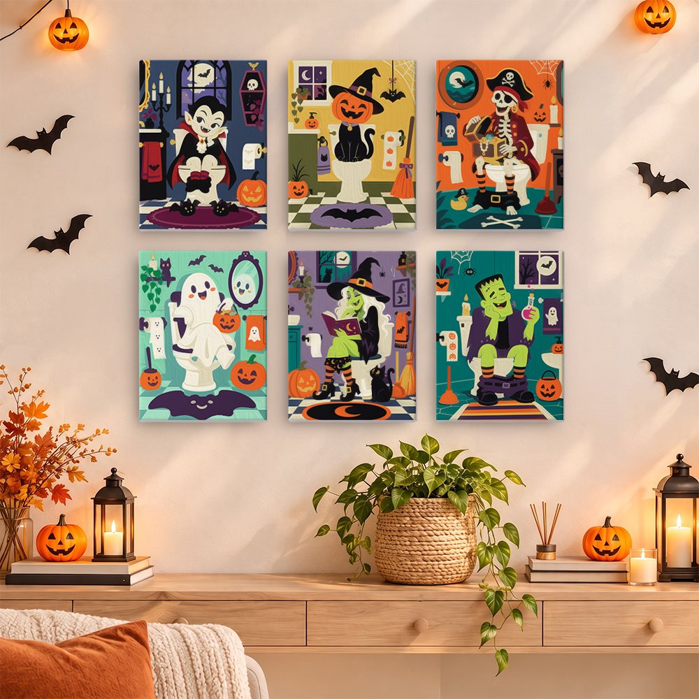 Painting a Haunted Bathroom Break mini canvas propped up beside numbered acrylic paints